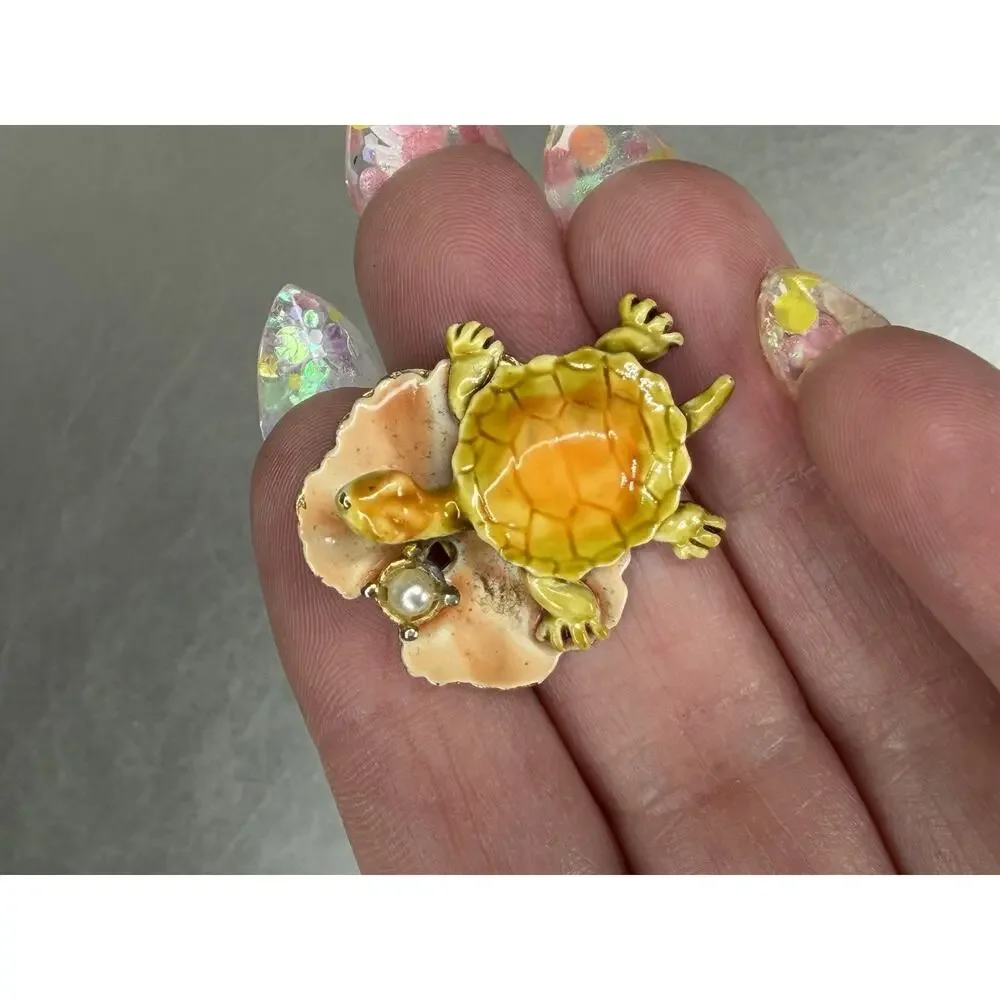 Vintage Turtle Lily pad Pearl Orange Green Small Brooch Pin